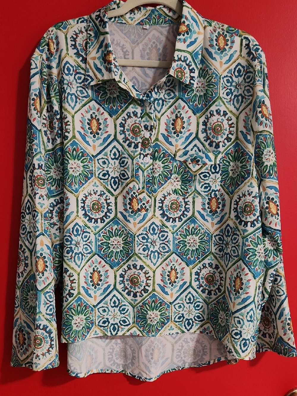 2XL Blue & Green Geometric Floral Shirt